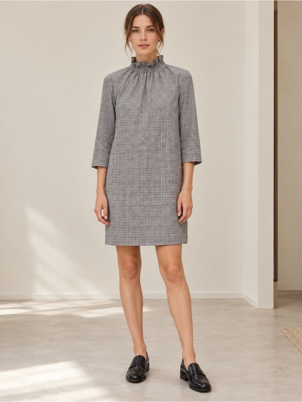COS Micro Houndstooth Plaid Ruffle High Neck Shift Dress EUR 34 US 2